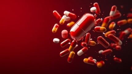Explosive event capsule medications in mid-air pharmaceutical lab digital art red background dynamic viewpoint health concept