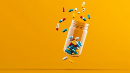 Pills and capsules in motion bright yellow background digital art vibrant environment close-up view health and wellness concept