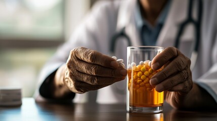 Medication management in healthcare settings doctor handling pills in glass indoor environment healthcare concept