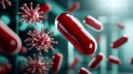 Medical breakthrough red capsule killing germs laboratory environment 3d render focused perspective on innovative solutions