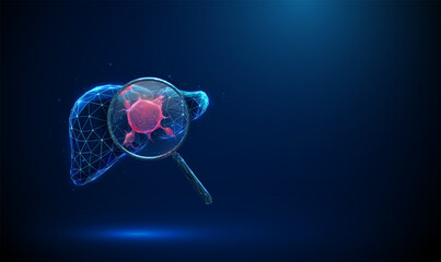 3d liver under magnifying glass with red tumor inside. Hepatic cancer diagnostics, medical analysis, disease detection, pathology, biomedical investigation concept.