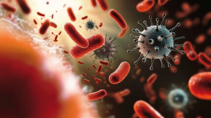 Microbial activity and virus interaction laboratory setting digital art scientific environment macro view health impact analysis