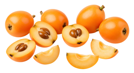 Fresh and ripe loquats with seeds isolated on white background, healthy tropical fruit perfect for culinary recipes and nutrition content
