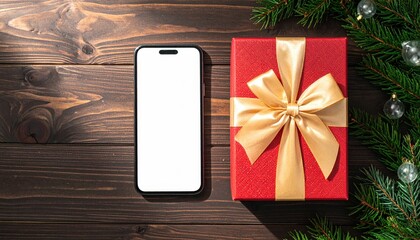Smartphone with a blank white screen mockup next to a red Christmas gift box with a gold bow on a wooden table