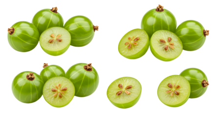 Fresh green gooseberries with sliced halves isolated on white background, healthy fruit rich in vitamins and antioxidants