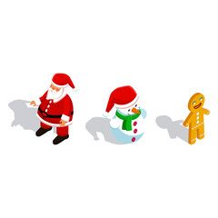 Festive Christmas Characters Santa Claus, Snowman, and Gingerbread Man in a Whimsical Isometric Style