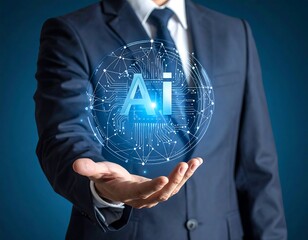 A man in a suit extends his hand, holding a glowing blue sphere with "AI" integrated, representing artificial intelligence. The background is a gradient blue