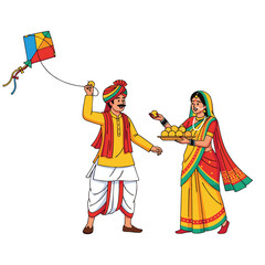 Obraz premium Couple celebrating makar sankranti with kite and sweets