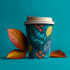 An eco-friendly coffee cup with an autumn leaf set against a blue background. Minimal concept.