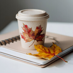 An eco-friendly coffee cup with an autumn leaf on study desk. Autumn scene.  