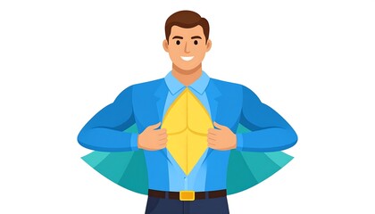 A cartoon illustration shows a man in a suit revealing a superhero emblem on his chest. He smiles, pulling open his blue shirt