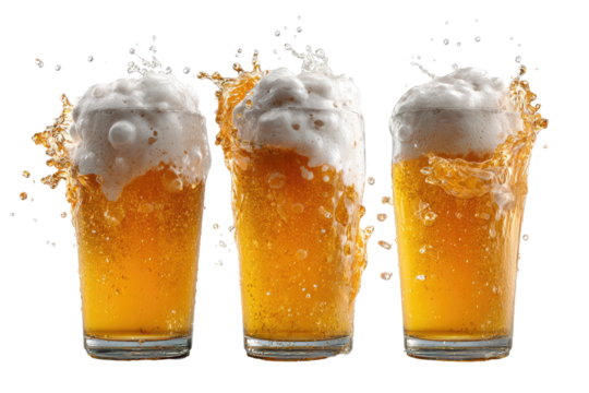 Three beer glasses overflowing with frothy, golden liquid