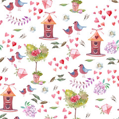 seamless pattern with hearts, birds houses and flowers