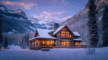 A cozy cabin nestled in a snowy mountain landscape, with warm lights glowing from the windows and snow falling gently around the house at dusk