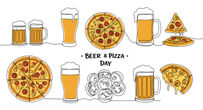 Beer and pizza illustrations with mugs, plates, and slices - Powered by Adobe
