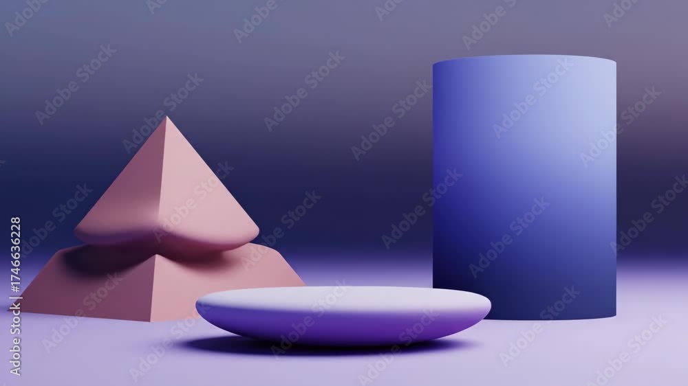 Poster abstract geometric shapes with soft gradients in dusk tones, slowly morphing in a seamlessly looping