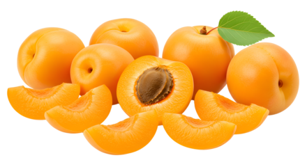 Fresh ripe apricots with green leaves and slices isolated on white background, healthy fruit perfect for cooking and desserts