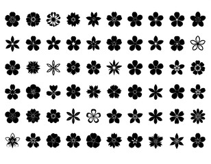 A collection of diverse flower silhouettes arranged in a grid pattern, displaying varying petal shapes and designs in black