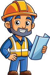 Cartoon Construction Worker Holding Blueprint – Vector Builder Character