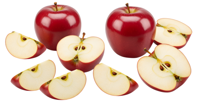 Red apples with slices isolated on white background, fresh fruit for healthy eating and cooking