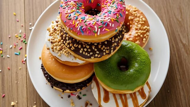 A colorful stack of assorted frosted doughnuts including flavors like chocolate vanilla caramel and matcha on a white plate