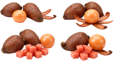 Salak fruit or snake fruit with peeled orange flesh and red cubed pieces isolated on white background, tropical exotic fruit, healthy snack