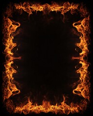 Fiery flame border frame with burning hot edges on dark background, fire template for banner or poster.