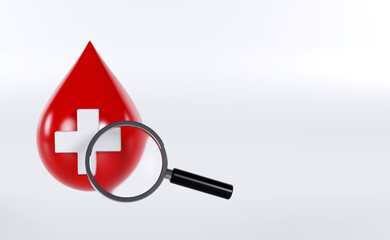 3D rendering of blood drop with medical cross symbol with magnifying, on white background, blood donation searching concept