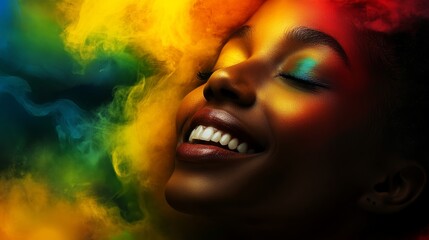Fototapeta premium Joyful woman embracing vibrant colors studio setting portrait photography artistic environment close-up view celebration of emotions
