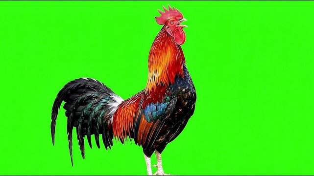A rooster crowing loudly, isolated on a green screen background.