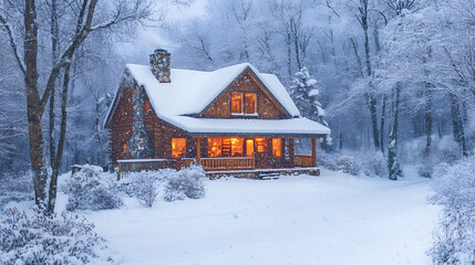 A cozy log cabin nestled in a snowy winter wonderland, with warm lights glowing from the windows, creating a peaceful and inviting atmosphere
