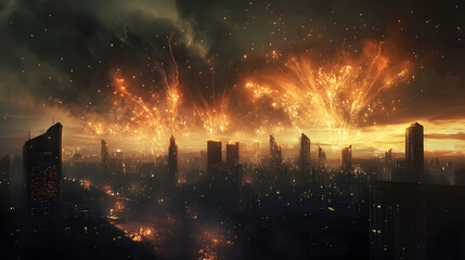 Spectacular fireworks illuminate the night sky over a futuristic cityscape, casting a warm glow on the towering buildings and creating a festive atmosphere