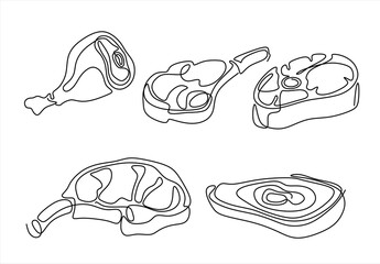 Continuous Line Art Collection of Various Meat Cuts. line icon-continuous line drawing. Editable stroke. 