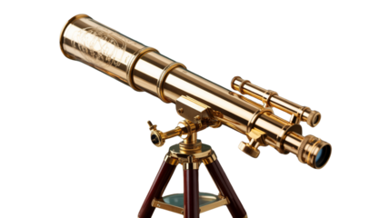 Antique brass telescope on wooden tripod against a black background