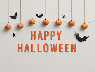 Minimal Happy Halloween background with hanging pumpkins and bats &ndash; spooky clean composition