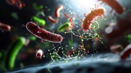 Bacterial interaction and growth dynamics microscopic world scientific illustration laboratory environment close-up perspective microbiology research