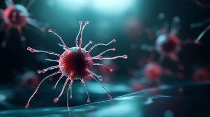 Viral infection illustration laboratory setting scientific visualization digital art close-up view microbiology concept