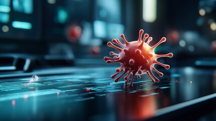 Covid-19 virus close-up laboratory setting digital art high-tech environment macro view scientific concept for research and awareness