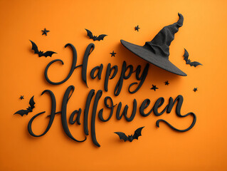 Black witch hat on dark background with Happy Halloween text &ndash; mysterious gothic design