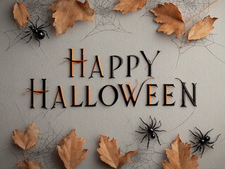 Minimal Happy Halloween typography with cobweb corners on white background &ndash; spooky clean layout
