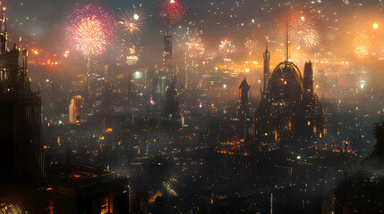 A vibrant fireworks display lights up the night sky above a fantastical cityscape, creating a magical and enchanting scene with colorful bursts of light