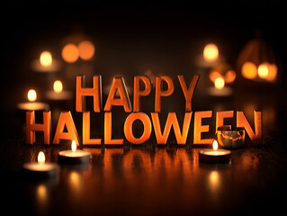Glowing Happy Halloween text with warm orange lights &ndash; elegant dark festive background design