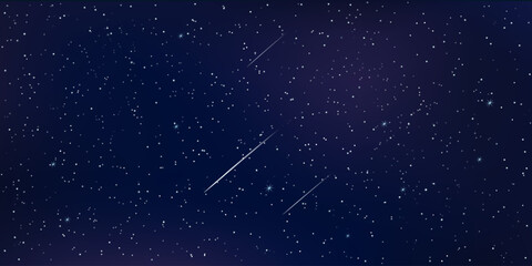 Night starry sky with sparkling stars and flying meteorites. Realistic 3d vector illustration on a dark background.