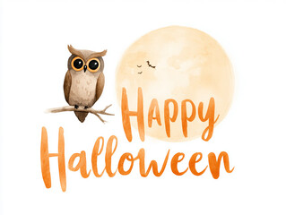 Cute owl sitting under full moon with orange Happy Halloween text &ndash; cozy fall festive artwork