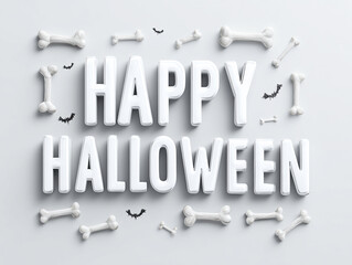 White 3D Happy Halloween text with orange bats &ndash; modern minimal spooky holiday background
