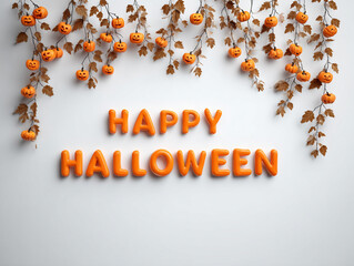 Happy Halloween text surrounded by autumn leaves on light background &ndash; cozy seasonal holiday design