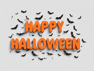 Happy Halloween orange typography with flying black bats &ndash; spooky minimalist Halloween background design