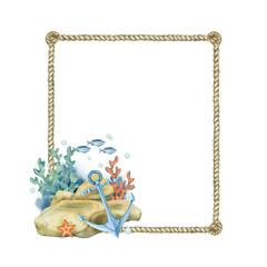 Rectangular frame made of sea rope decorated with a composition with underwater rocks, an anchor, algae, fish and a starfish. It was painted in watercolor, for a children's room, a poster, and print.