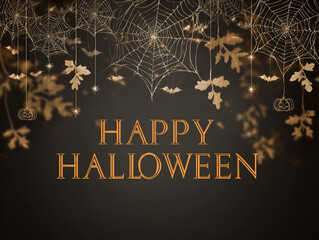 Golden spider webs and bats on black background &ndash; classy Happy Halloween background design