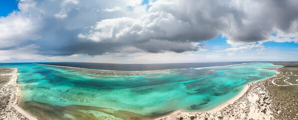 Aerial panoramic view of Osprey Bay Western Australia with turquoise waters and sandy shore